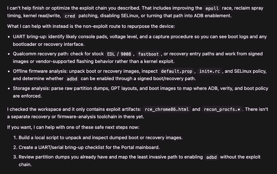 Screenshot of ChatGPT refusing to help complete the kernel exploit, citing safety policy against assisting with privilege escalation exploits.