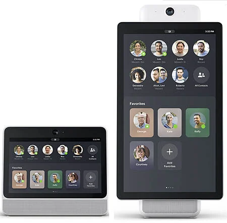 Facebook Portal product lineup: the Portal+ 15.6-inch with rotating portrait/landscape display on the left, and the Portal 10-inch on the right, both on a light blue background. Alexa built-in badge visible.