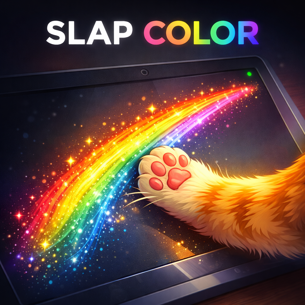 Slap Color logo — a cat paw slapping a tablet screen, leaving a rainbow trail of light and sparkles