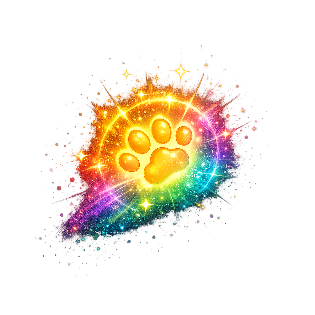 Concept art: a glowing paw print surrounded by rainbow sparkle particles