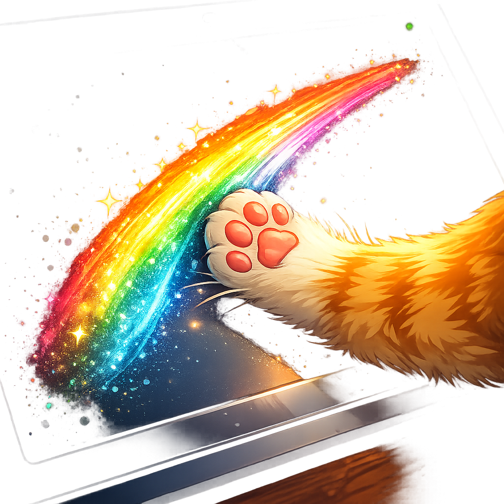 Concept art: a cat paw touching a tablet screen, leaving a rainbow paint trail
